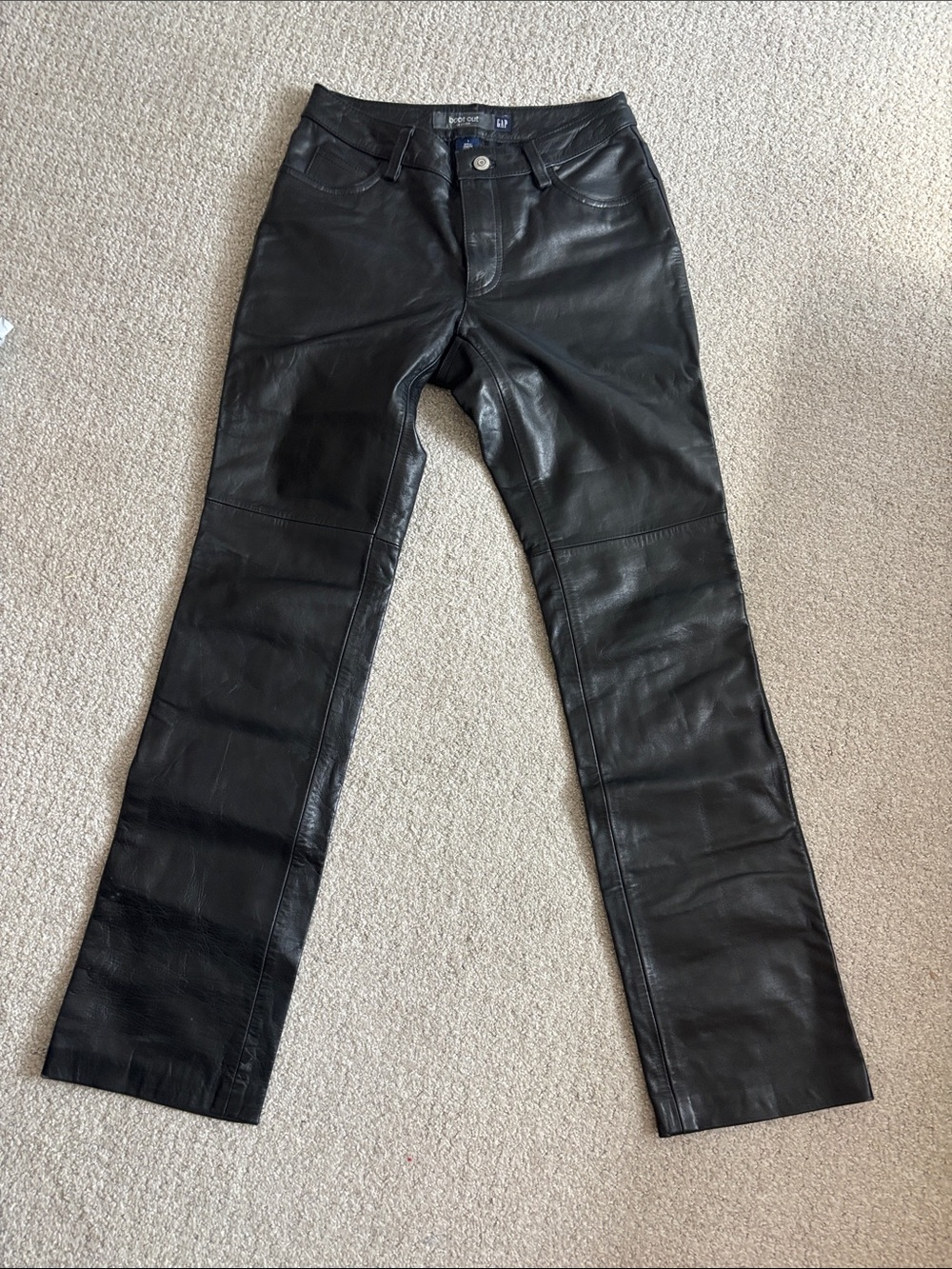 VTG GAP Leather Boot Cut Pants Size 1 Black Genuine Leather Moto Biker Y2K Sleek